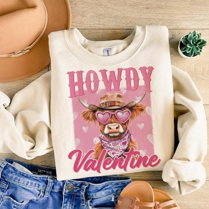 Howdy Valentine  Highland cow Sweatshirt Valentines  , gift valentines, Western T-Shirts, Hoodie | WearSparks.com