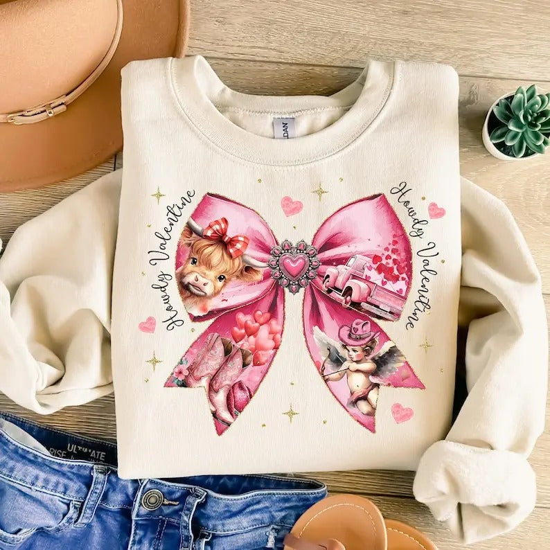 Howdy Valentine Coquette Bow Sweatshirt Western Valentines , Highland Cow , XOXO , Valentine Hearts , Cupid , Love ,...