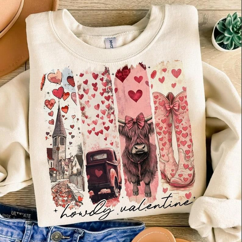 Howdy Valentine Coquette Sweatshirt, Valentines , Highland cow Sweatshirt, valentinesbow cupid Sweatshirt, T-Shirts, Hoodie