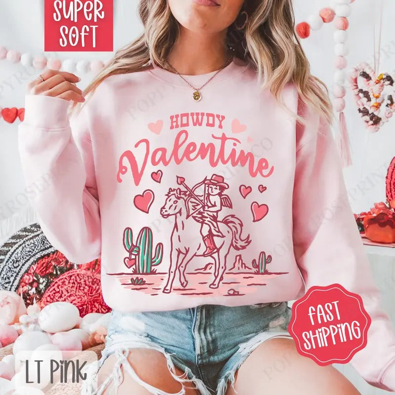 Howdy Valentine Sweatshirt, Valentine's Day Crewneck, Western Women's Sweater valentine sweatshirt T-Shirts, Hoodie