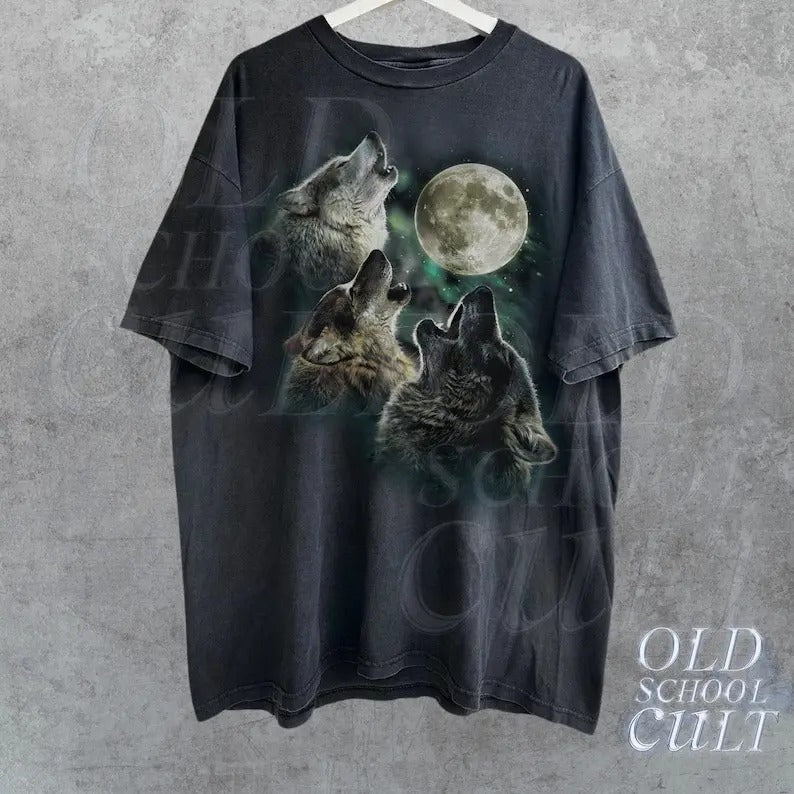 Howling Wolves Vintage 90s Graphic Shirt, Wolf Moon Tee, Wild Free, Loyal Wolf Shirt, Grey Wolf Washed Oversize Tee,...