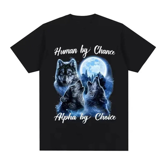 Human By Chance Alpha By Choice Wolf Vintage Graphic T-shirt Men Fashion Hip Hop Vintage Short Sleeve T-shirts Cotton...