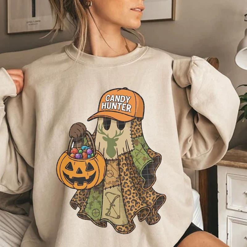 Hunting Patchwork Boo Ghost Candy Hunter Crewneck Sweater, Retro Halloween Green Camo Ghost Tee, Candy Hunter Camouflage...