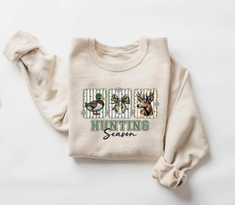Hunting Season Sweatshirt, Preppy Camo Bow Deer Hunting Shirt, Duck Hunter Coquette Tee, Girl Fall Camo Bow Gifts Hoodie