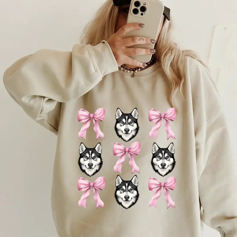 Husky with Bows Sweatshirt ~ Sweatshirt Unisex Apparel Relaxed Fit Printed in the USA Clothing Womenswear Casual and...