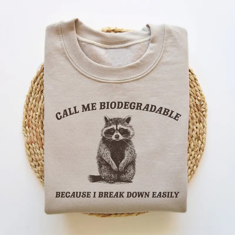 I Break Down Easily, Funny Sweatshirt, Funny Crewneck, Raccoon Meme Sweatshirt, Cartoon Meme Top, Vintage Cartoon Sweater...