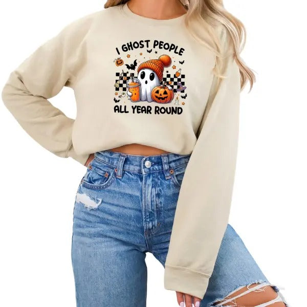 I Ghost People Year Round" Long Sleeve Crewneck Sweatshirt - Unisex Sizing Small to 5X, Retro-Inspired Halloween Vibes,...