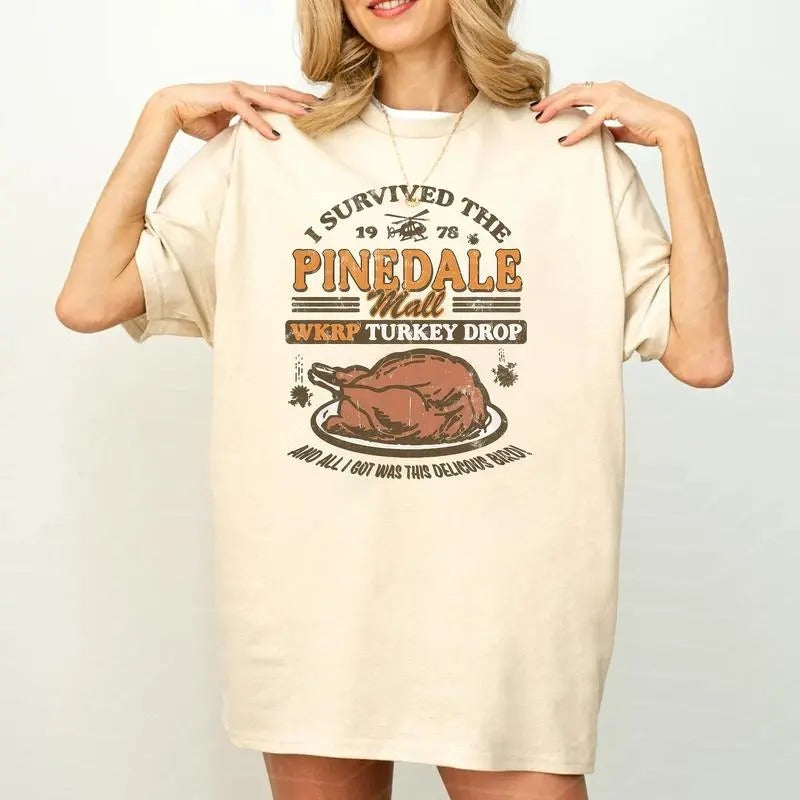 I Survived The Thanksgiving Day Wkrp Turkey Drop Shirt, In Cincinnati Movie, Unisex Short Sleeve Tee Hoodie, Sweatshirt