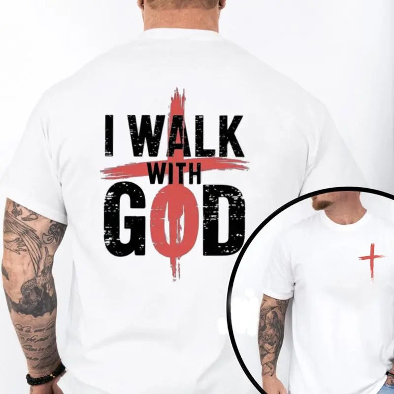 I Walk With God Graphic Tee Pure Cotton Casual Street Style Crew Neck Short Sleeeve T-Shirt Tops Trendy For Men For Women...