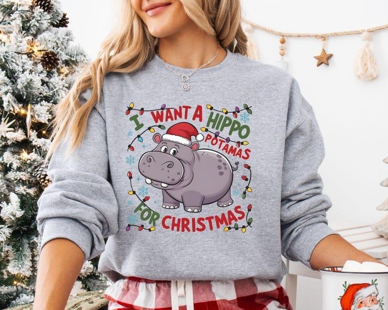 I Want A Hippopotamus For Christmas Sweatshirt, Hippo Christmas Lights Sweater, Christmas Hippopotamus Sweater, Cute...