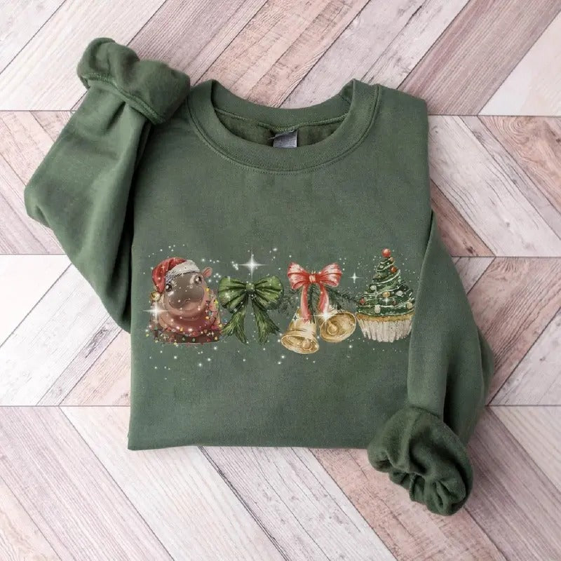 I Want Moo Deng For Christmas Shirt, Cute Hippo Christmas Lights Vintage Shirt Christmas Tshirt Hoodie, Sweatshirt