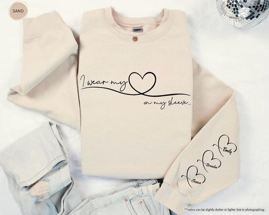 I Wear My Heart On My Sleeve Custom Sweatshirt, Cute Mom Hoodie, Mothers Day Shirt, Children Names On Sleeve, Mom...