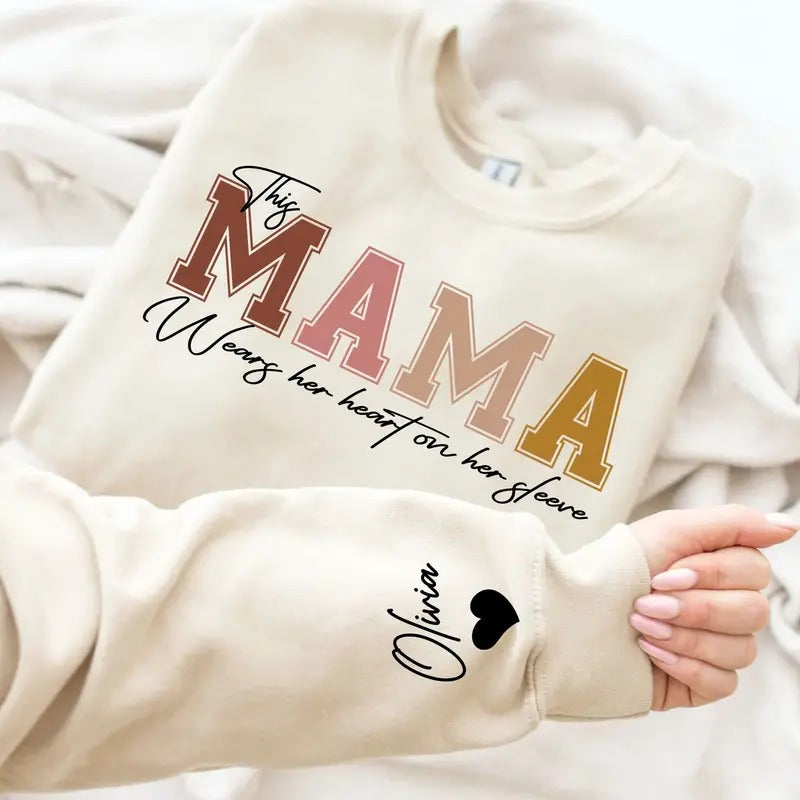 I Wear My Heart On My Sleeve Mothers Day Sweatshirt, Custom Mama Sweatshirt With Kids Name on Sleeve, Mother Day Gift for...