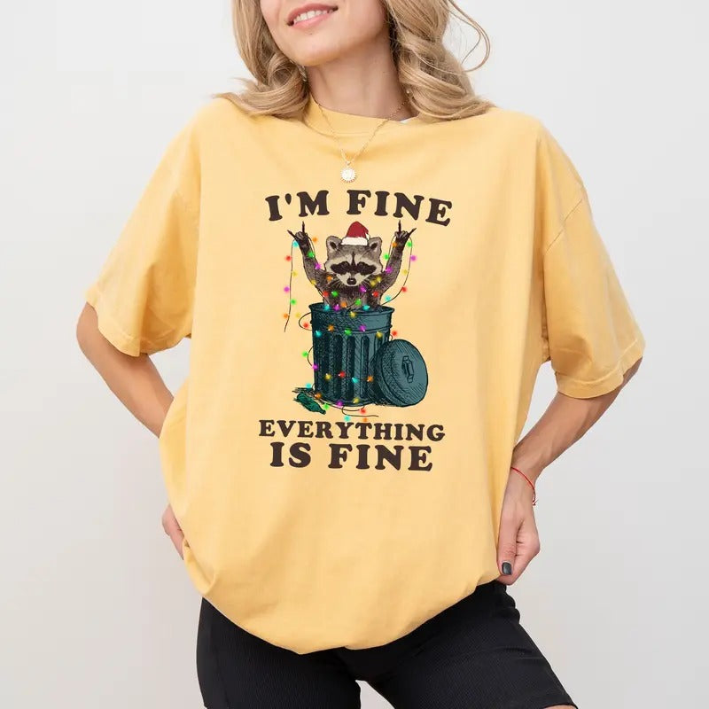 I'm Fine Everything Is Fine Christmas Shirt Comfort Colors, Funny Raccoon Tee, Christmas Gifts, Holiday Women's Tops,...