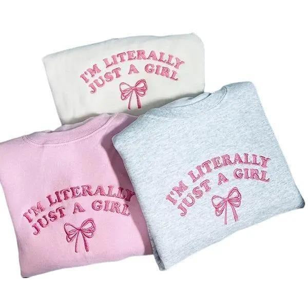 I'm Literally Just A Girl Embroidered Crewneck, I'm Just A Girl Coquette Sweatshirt, Pink Coquette Bow Sweater, Soft Girl...