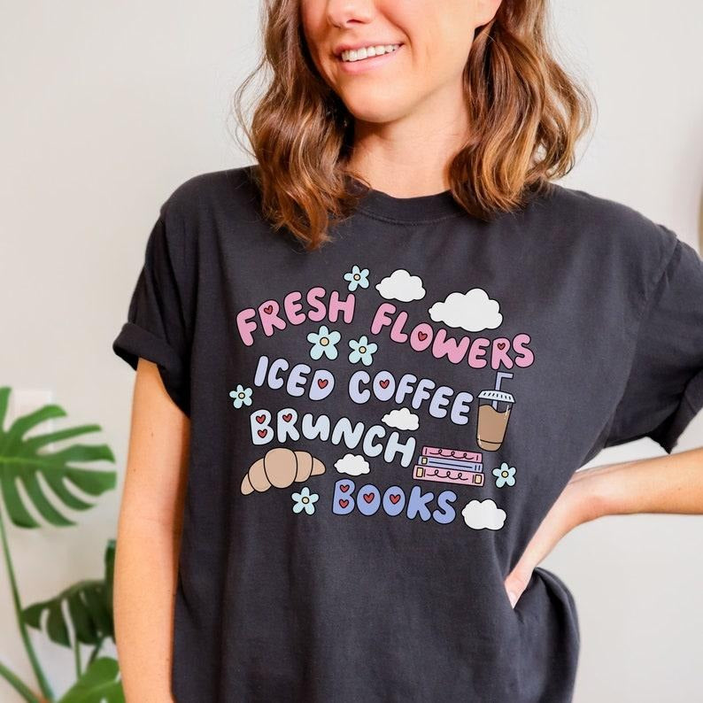 Iced Coffee Brunch and Books Tshirt | Trendy Bookish Merch | Spring and Summer Floral Shirt | Retro Coquette Style |...