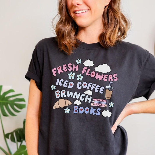 Iced Coffee Brunch and Books Tshirt | Trendy Bookish Merch | Spring and Summer Floral Shirt | Retro Coquette Style |...