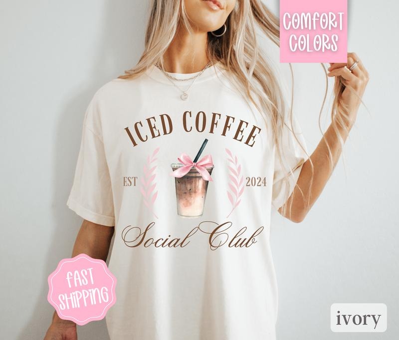 Iced Coffee Social Club Shirt, coquette Coffee Shirt, Coffee Weather, Women's Oversized Shirt, Coquette Aesthetic Hoodie,...