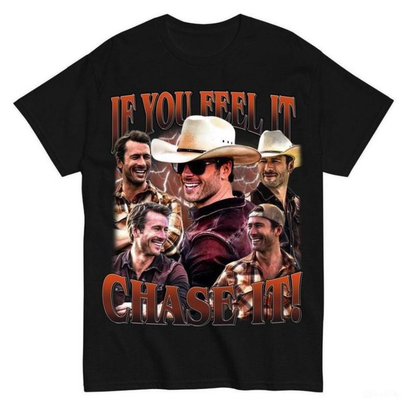 If You Feel It, Chase It , Glen Powell as Tyler Owens Tshirt Gift Men's T-Shirt Casual Crewneck, Retro Styles, Bring Back...