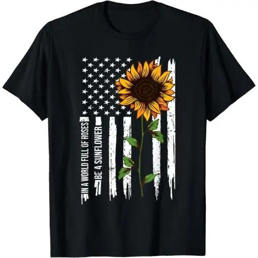 In A World Full Of Roses Be A Sunflower American Flag T-Shirt Made in USA Hoodie, Sweatshirt | WearSparks.com