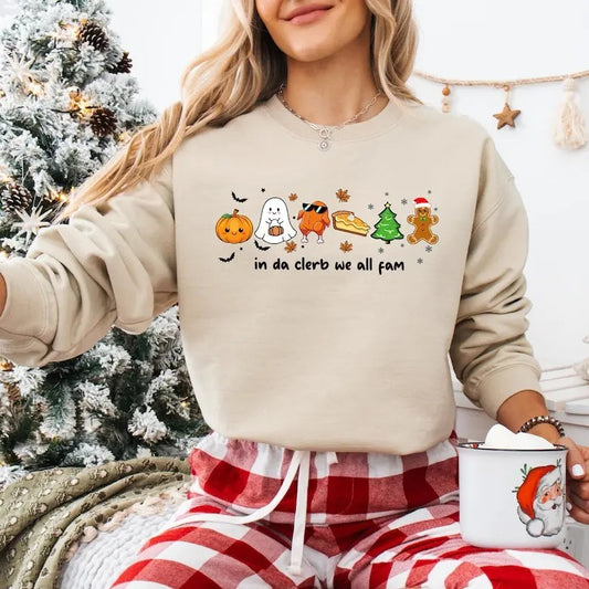 In Da Clerb We All Fam Christmas Sweatshirt, Santa Christmas Shirt, Hallothanksmas T-shirt, Spooky Halloween Tee, Turkey...