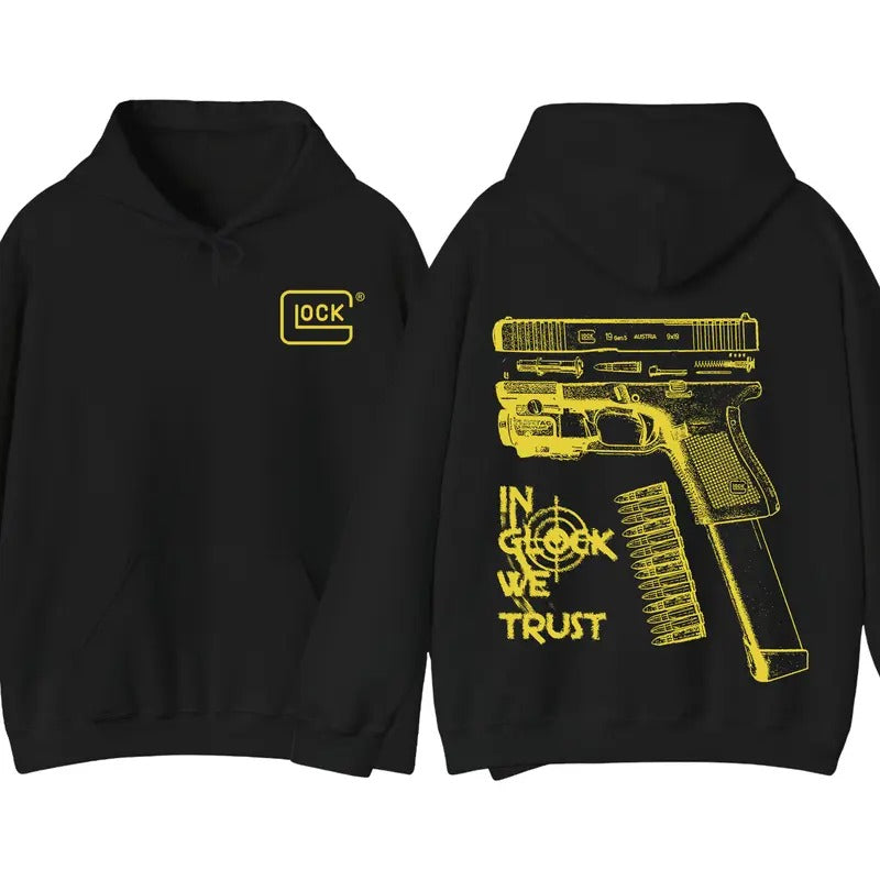 In GLock We Trust Hoodie - Full Design Graphic Black Hoodie - Streetwear for Men's & Women's Fit Long Sleeve Hoodie...
