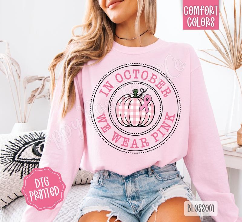 In October We Wear Pink Comfort Colors Long Sleeve T-Shirt, Cute Women's Tee Hoodie, Sweatshirt | WearSparks.com