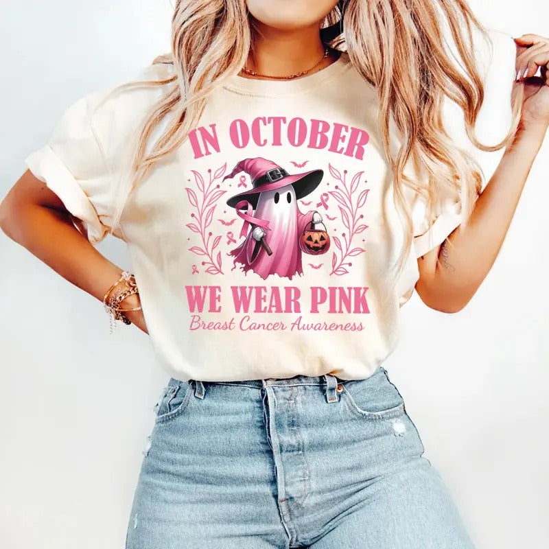 In October We Wear Pink Ghost Shirt, Halloween in October We Wear Pink, Breast Cancer Awareness Shirt, Pink Ribbon Shirt...