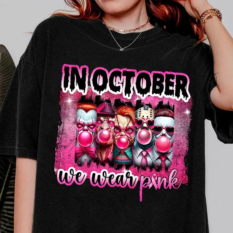 In October We Wear Pink Halloween Bad Girls Friend Horror Gangster Friends Horror Charactersstyle{n002}2 T-Shirts,...