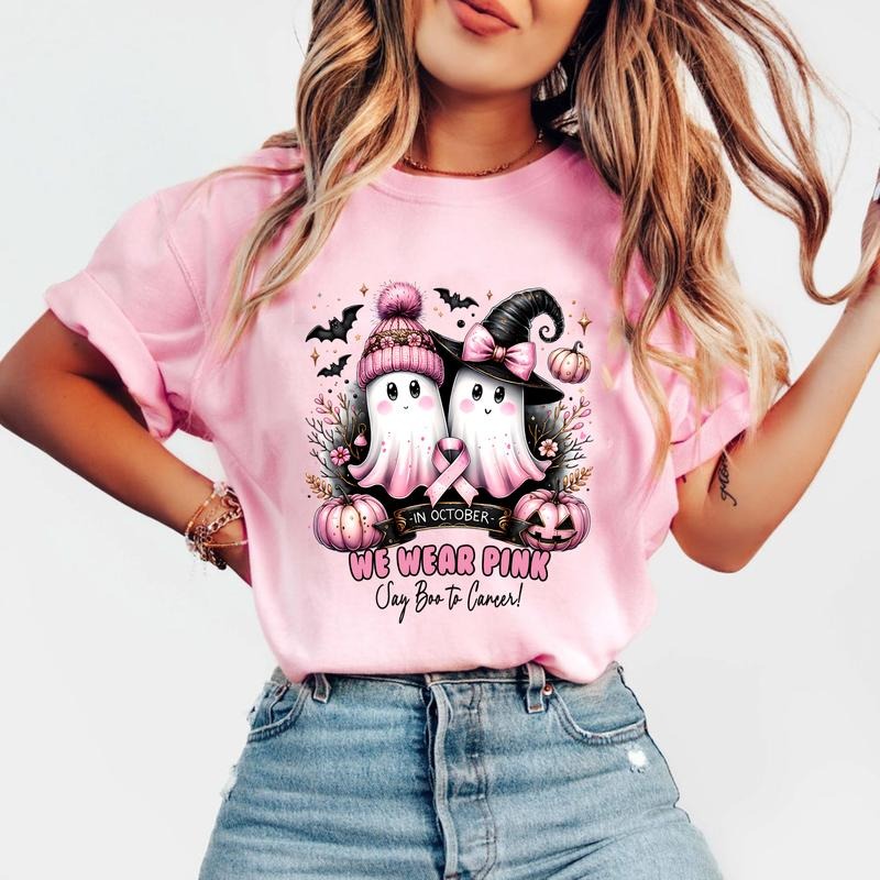 In October We Wear Pink Say Boo To Cancer T-Shirt - Breast Cancer Awareness Graphic Tee, Halloween Ghost Pumpkin Spooky...