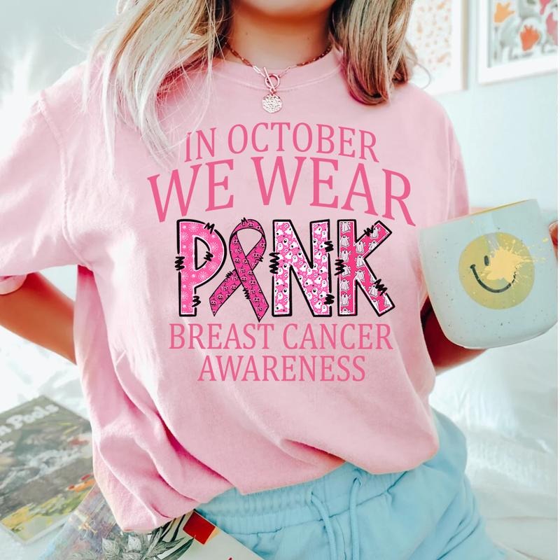 In October We Wear Pink Shirt Breast Cancer Awareness Pink Ribbon T-Shirt Support Fighter Tee for October Awareness Month...