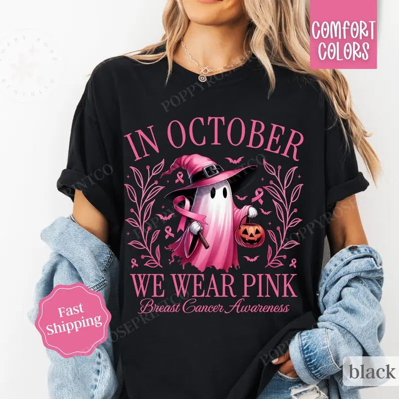 In October We Wear Pink Shirt Comfort Colors, Breast Cancer Awareness Tee, Halloween Shirt,  Women Oversized Crewneck Tee...