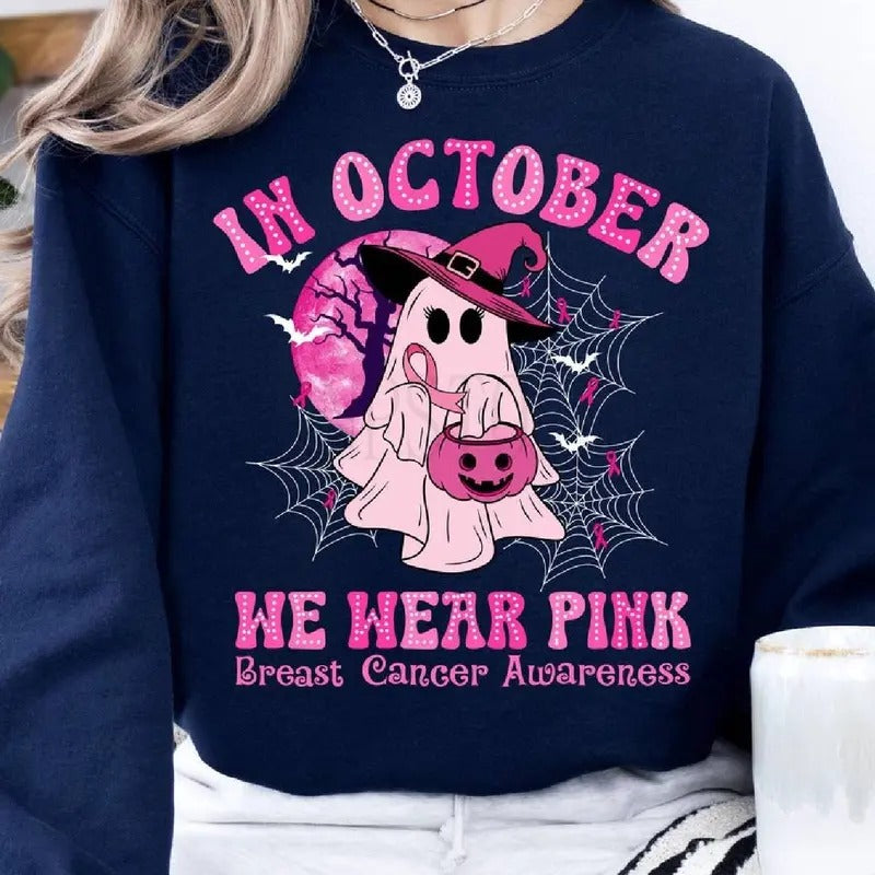 In October We Wear Pink Shirt, Breast Cancer Awareness Shirt, Pink Ghost And Pumpkin Shirt, Breast Cancer Month Halloween...