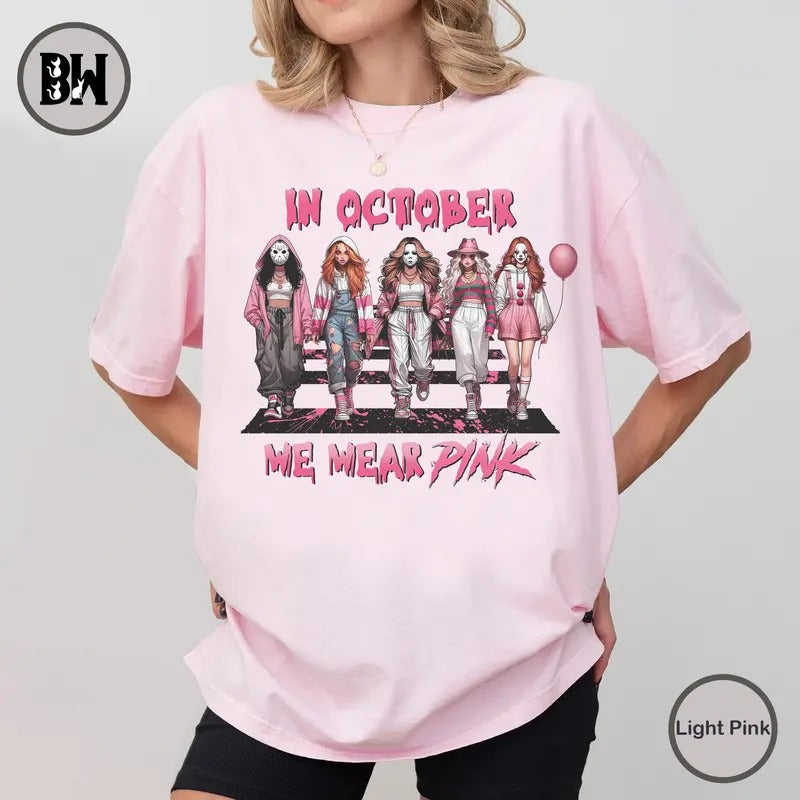 In October We Wear Pink Shirt, Pink Breast Cancer Shirt, Breast Cancer Survivor Shirt, Pink Slasher Movie Shirt,...