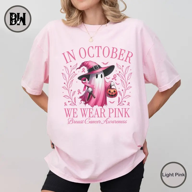 In October We Wear Pink Shirt, Retro Breast Cancer Awareness T-Shirt, Breast Cancer Awareness Shirt, Halloween Shirt,...