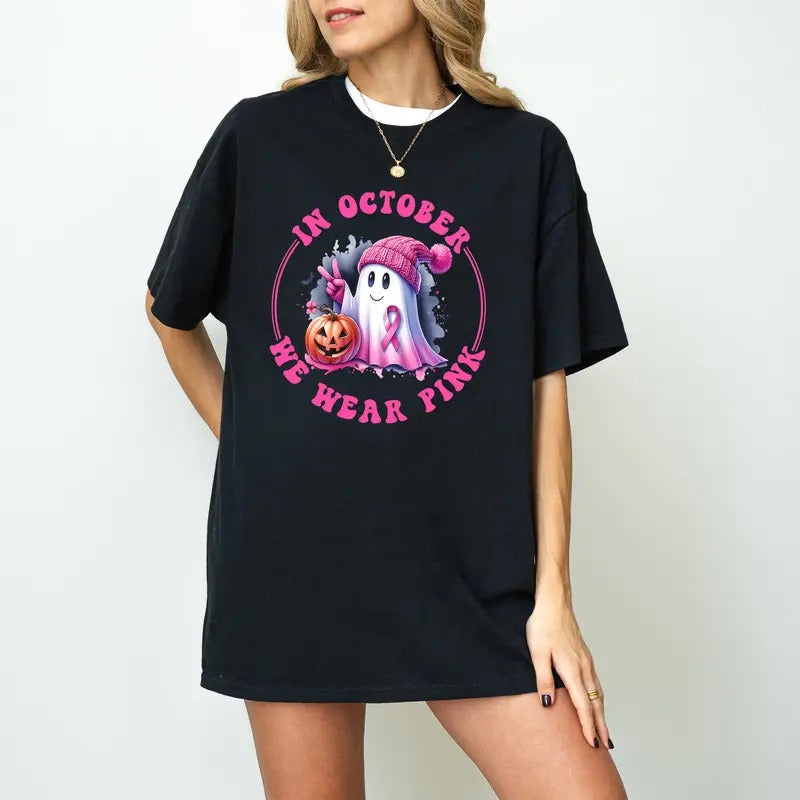 In October We Wear Pink Sweatshirt, Breast Cancer Awareness Shirt, Cancer Survivor Shirt, Halloween Shirt, Ghost Shirt,...