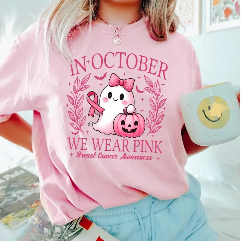 In October We Wear Pink T-shirt, Cute Ghost Shirt, Breast Cancer Awareness Tee, Halloween Shirt Hoodie, Sweatshirt