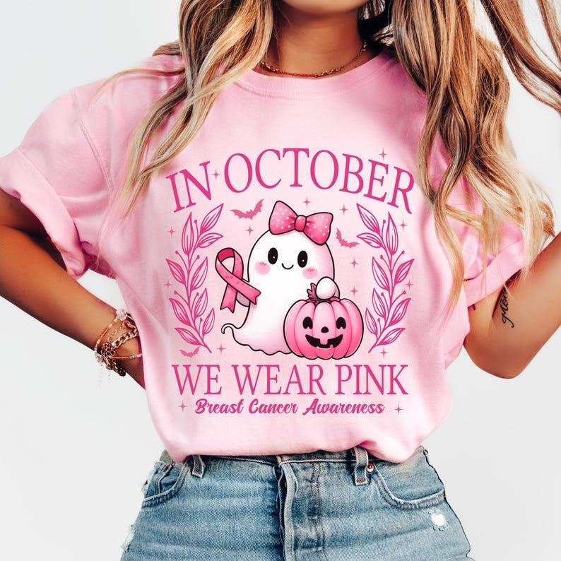 In October We Wear Pink Tshirt, Retro Breast Cancer Awareness Shirt, Halloween Pink Ghost Tee, Top Womenswear Hoodie,...