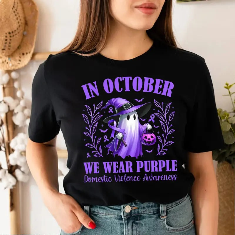 In October We Wear Purple Ghost T-shirt for Women, Domestic Violence Awareness Shirt, Halloween Tee Hoodie, Sweatshirt