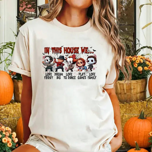 In This House We Shirt, Funny Halloween Shirt, Retro Halloween Shirt, Funny Pumpkin Hoodie Design, Horror Movie Killers...