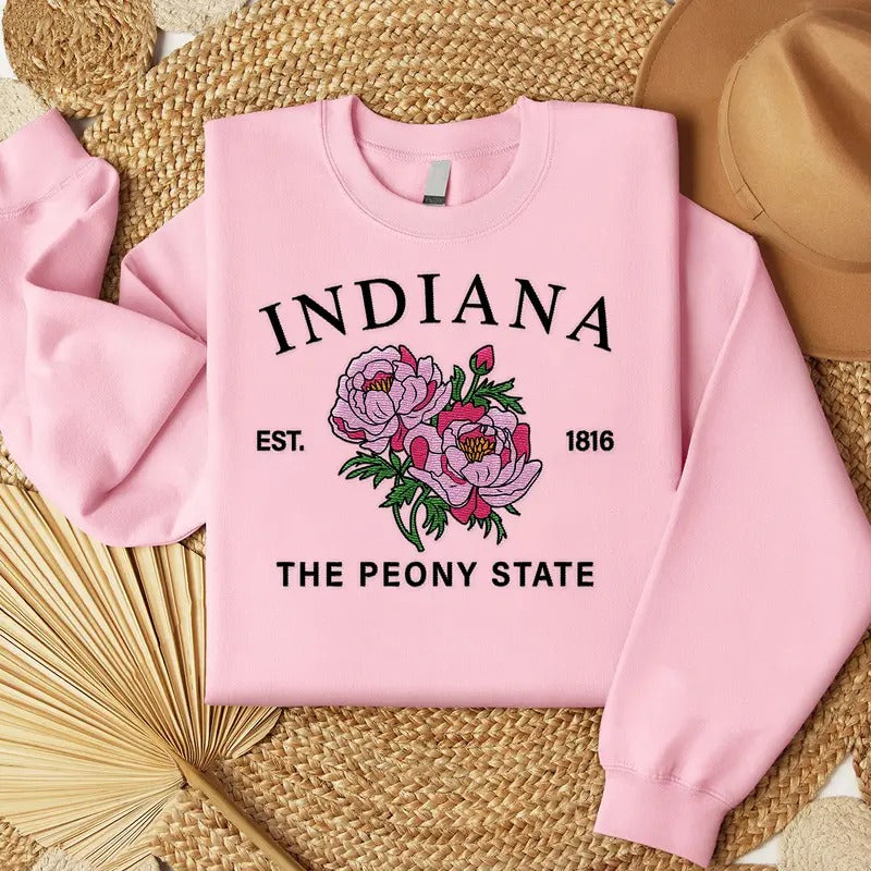 Indiana Peony Embroidered State Flower Sweatshirt, Hometown Embroidered Shirt, Favorite Flower Embroidered Shirt Hoodie