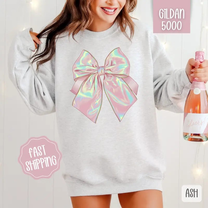 Iridescent Coquette Bow Sweatshirt, Bow Crewneck, Cute Women's Sweater T-Shirts, Hoodie | WearSparks.com