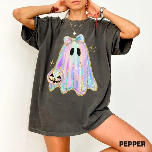 Iridescent Ghost Halloween Shirt, Cute Disco Ghost Shirt, Glitter Ghost Adorable Ghost Shirt, Halloween Women Shirt,...
