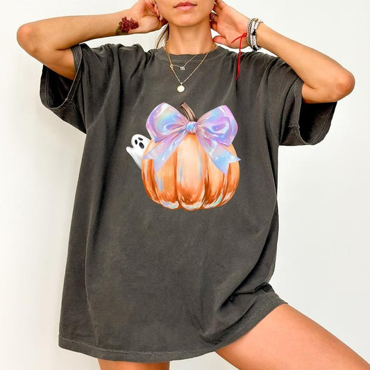 Iridescent Ghost Pumpkin Shirt Comfort Colors, Spooky Season T-shirt, Coquette Pumpkin Crewneck, Halloween Apparel,...