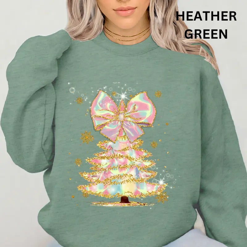 Iridescent Shimmer Christmas Tree Sweatshirt Christmas Winter Graphic Casual Cotton Polyester Oversized sweatshirt -...