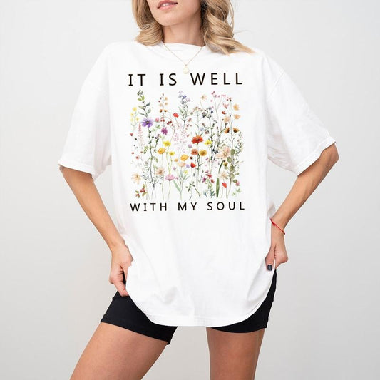 It Is Well With My Soul Shirt, Christian Wildflower Tee, Faith-Based Spring Sweatshirt for Women, Inspirational Religious...