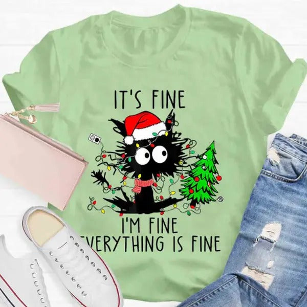 It's Fine I'm Fine Everything Is Fine Christmas T-shirt Streetwear Shortsleeve Crewneck Comfort Top Womenswear Hoodie,...