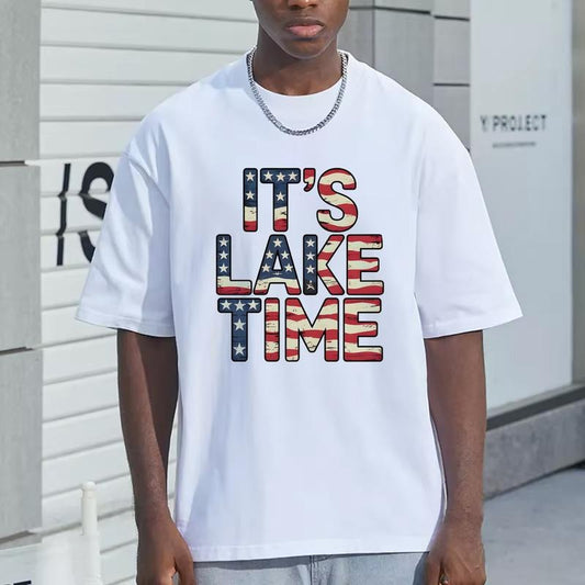 It's Lake Time Classic Print Tee, Lake Life Patriotic American Flag Tshirt, Independence Day 4th of July Unisex Cotton...