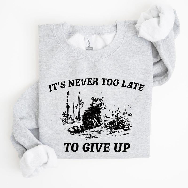 It's Never Too Late To Give Up, Raccoon, Funny, Aesthetic Sweatshirt T-Shirts, Hoodie | WearSparks.com