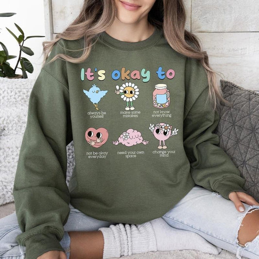 It's Ok To Sweatshirt, Retro, Positivity, Kindness, Mental Health, Sweatshirt Casual Comfort Womenswear...